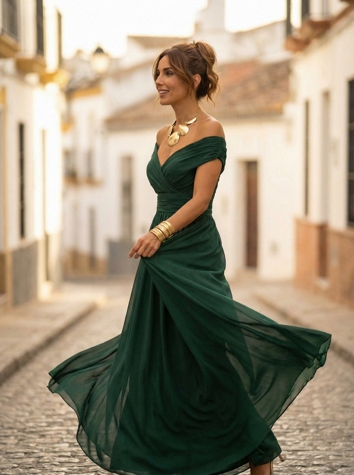 Carmela | Vestido Largo de Gala Hombros Descubiertos Mujer Plisado