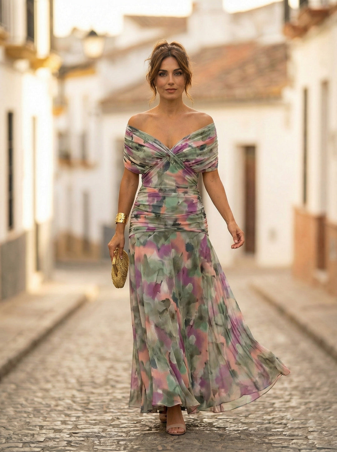 Carmela | Vestido Largo de Gala Hombros Descubiertos Mujer Plisado