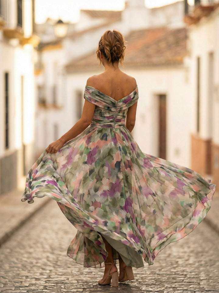 Carmela | Vestido Largo de Gala Hombros Descubiertos Mujer Plisado