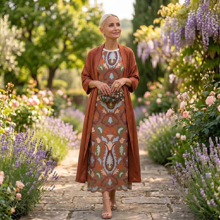 Cayetana | Vestido Invitada Invierno Midi Estampado Mujer con Duster a Juego