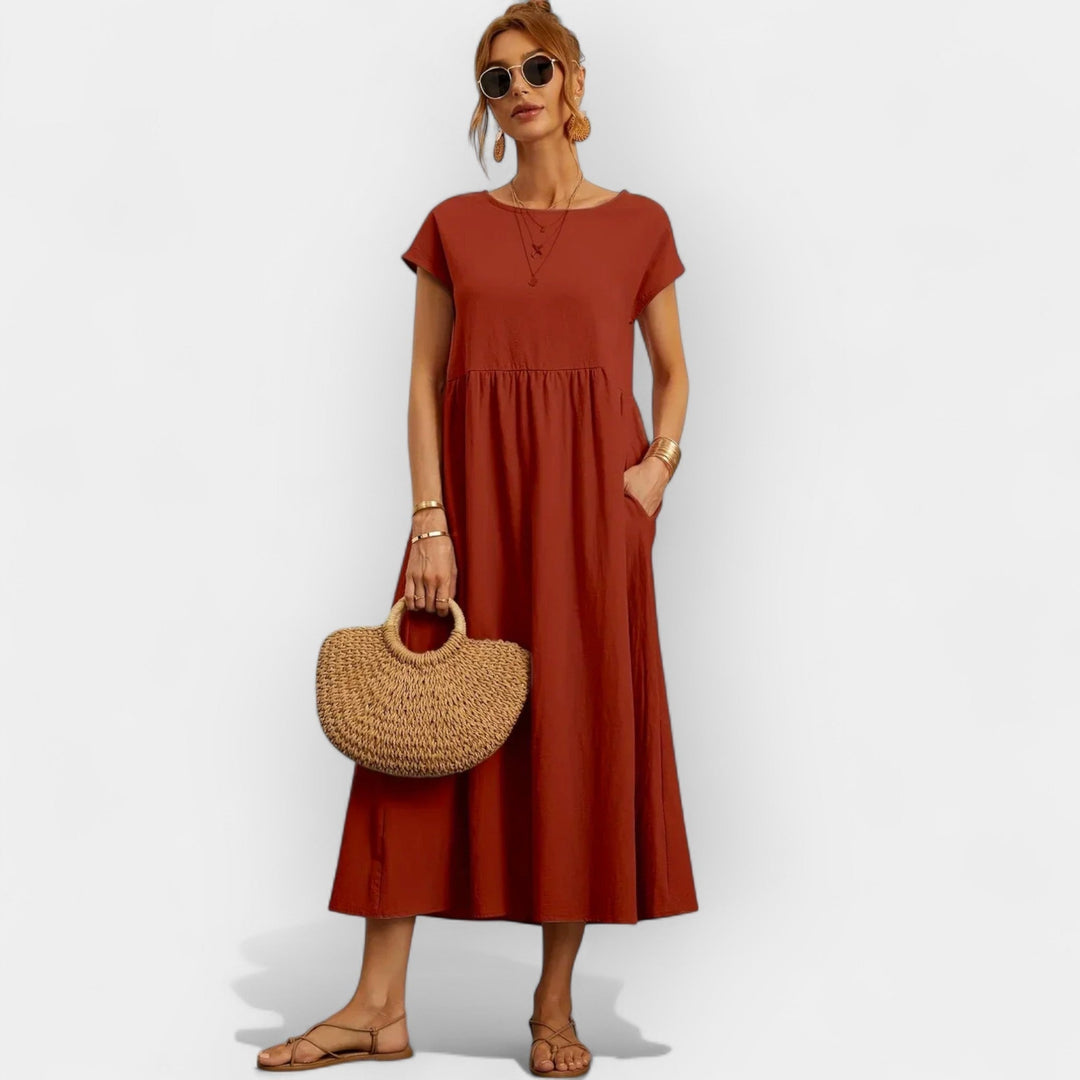 Dolores | Vestido Midi Casual con Bolsillos Mujer Manga Corta