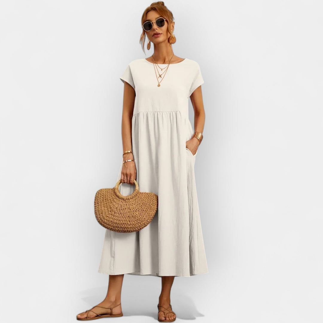Dolores | Vestido Midi Casual con Bolsillos Mujer Manga Corta