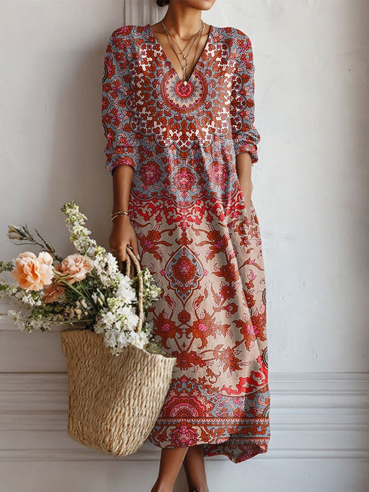 Esperanza | Vestido Midi Boho de Lino Estampado Mujer Escote V