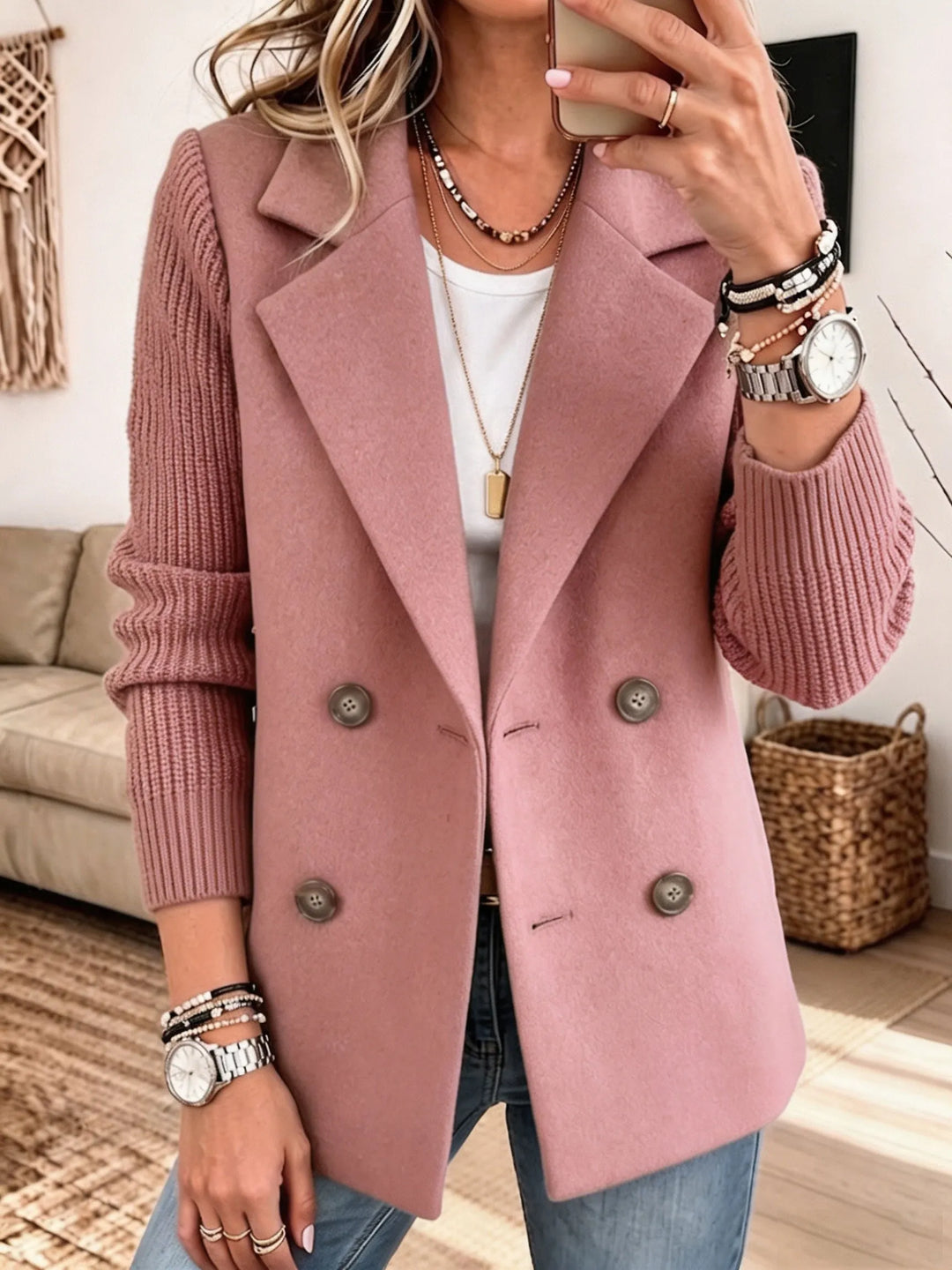 Blazer para Damas con Mangas Tejidas — Elegante y Cálido