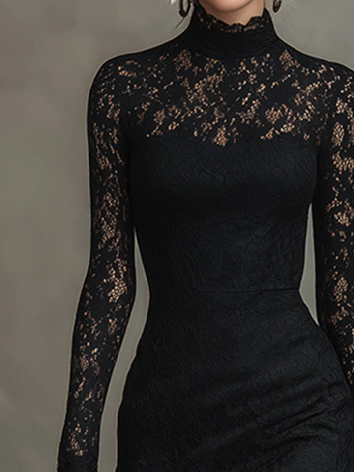 Elvira | Vestido de Encaje Manga Larga Invitada Invierno Mujer Cuello Alto