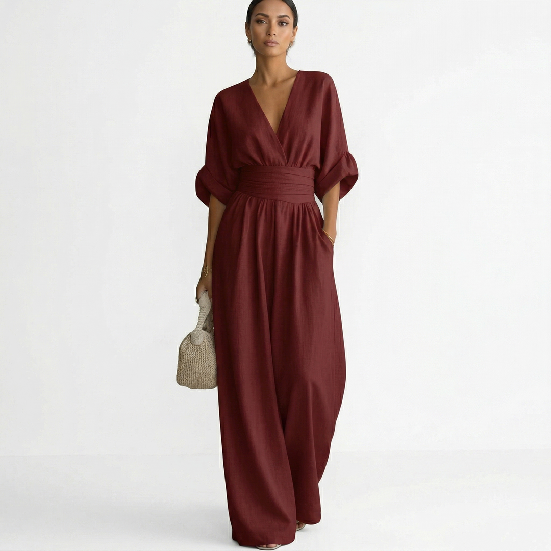 Esperanza | Mono Largo Elegante de Lino Mujer Escote V Cinturón