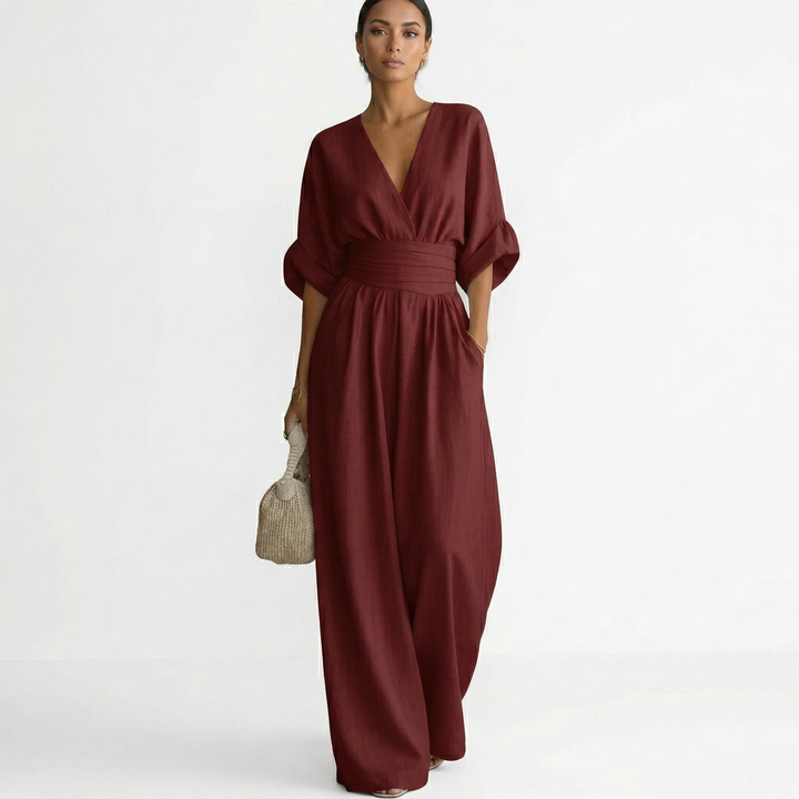 Esperanza | Mono Largo Elegante de Lino Mujer Escote V Cinturón