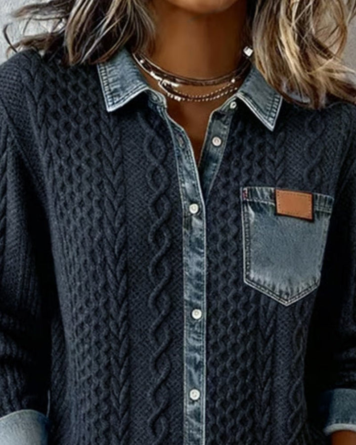Esther | Blusa de Punto con Detalle Denim Mujer Manga Larga Trenzas