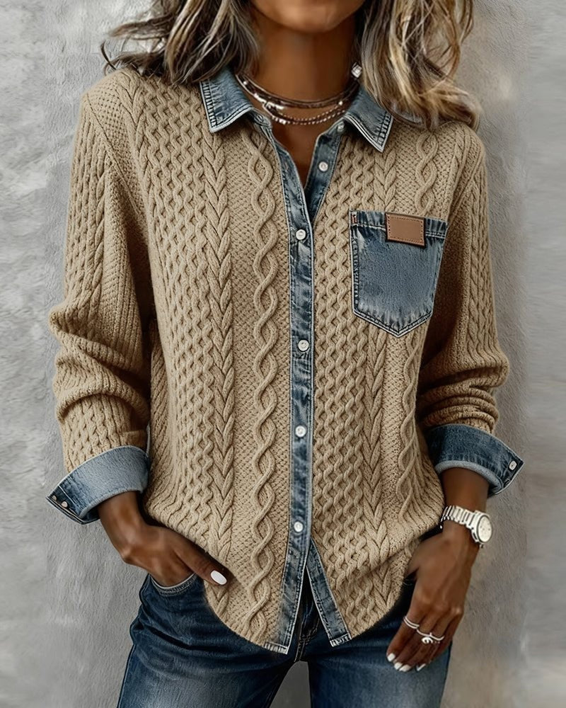 Esther | Blusa de Punto con Detalle Denim Mujer Manga Larga Trenzas