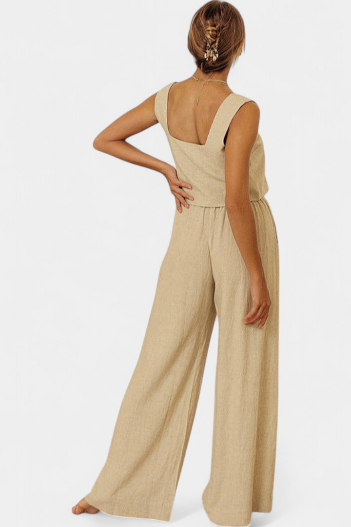 Pascuala Conjunto de Lino de Dos Piezas con Blusa sin Mangas y Pantalón Fluido
