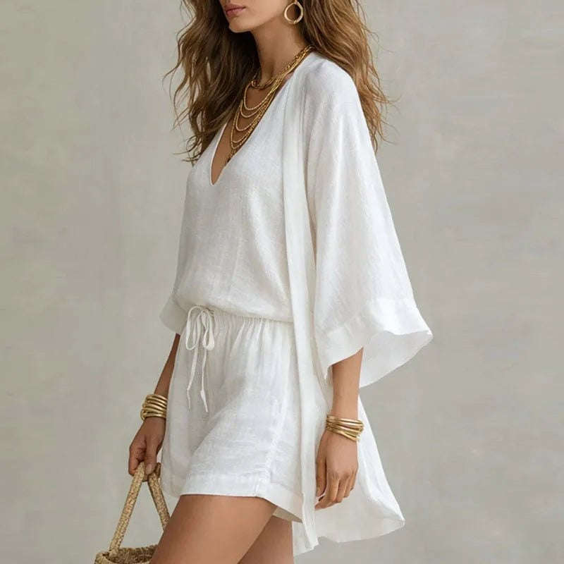 Inés | Conjunto de 3 Piezas de Lino Mujer Top Escote V Shorts y Kimono