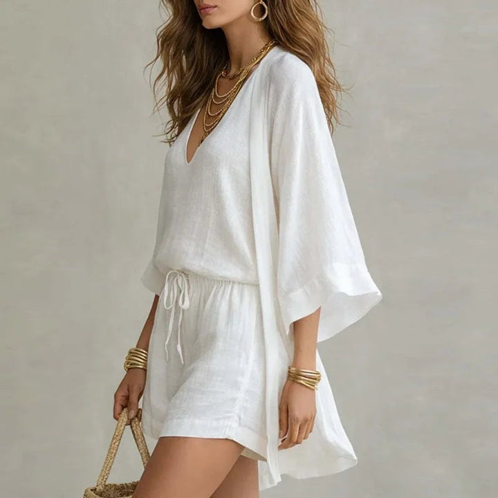 Inés | Conjunto de 3 Piezas de Lino Mujer Top Escote V Shorts y Kimono
