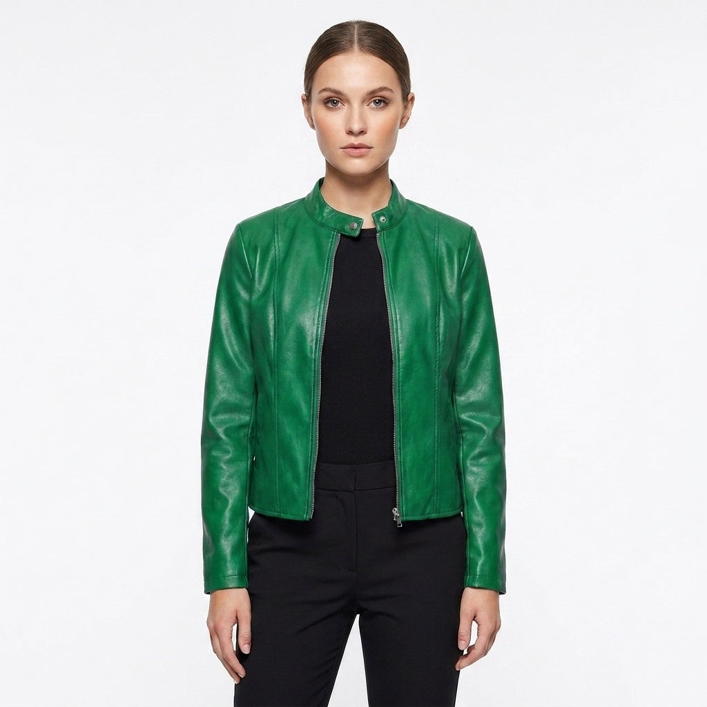 Laia | Chaqueta Biker de Cuero Mujer Ajustada Cuello Mao