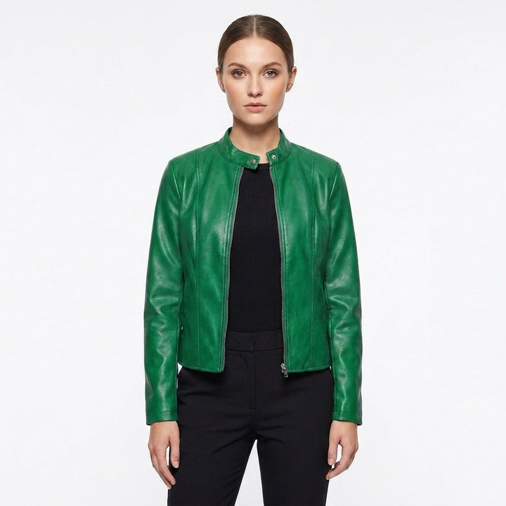 Laia | Chaqueta Biker de Cuero Mujer Ajustada Cuello Mao
