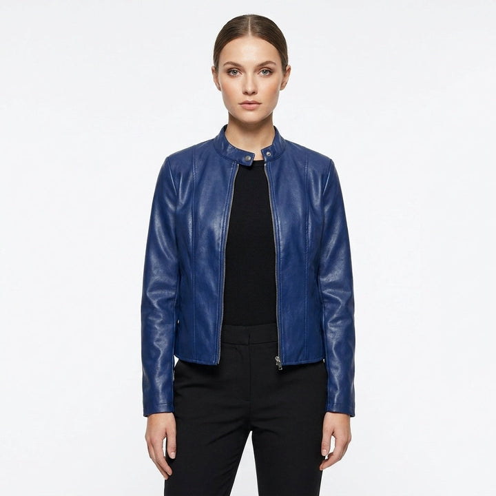 Laia | Chaqueta Biker de Cuero Mujer Ajustada Cuello Mao