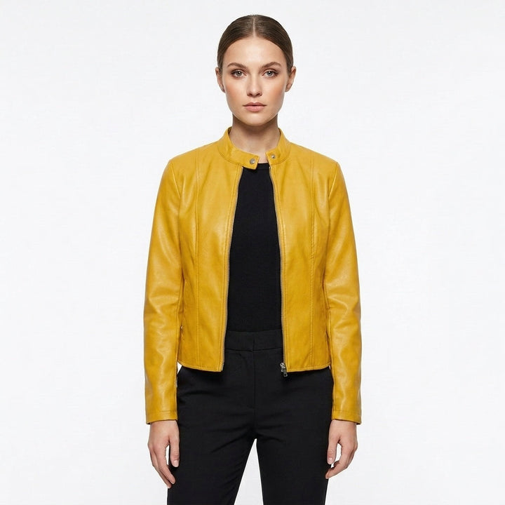 Laia | Chaqueta Biker de Cuero Mujer Ajustada Cuello Mao
