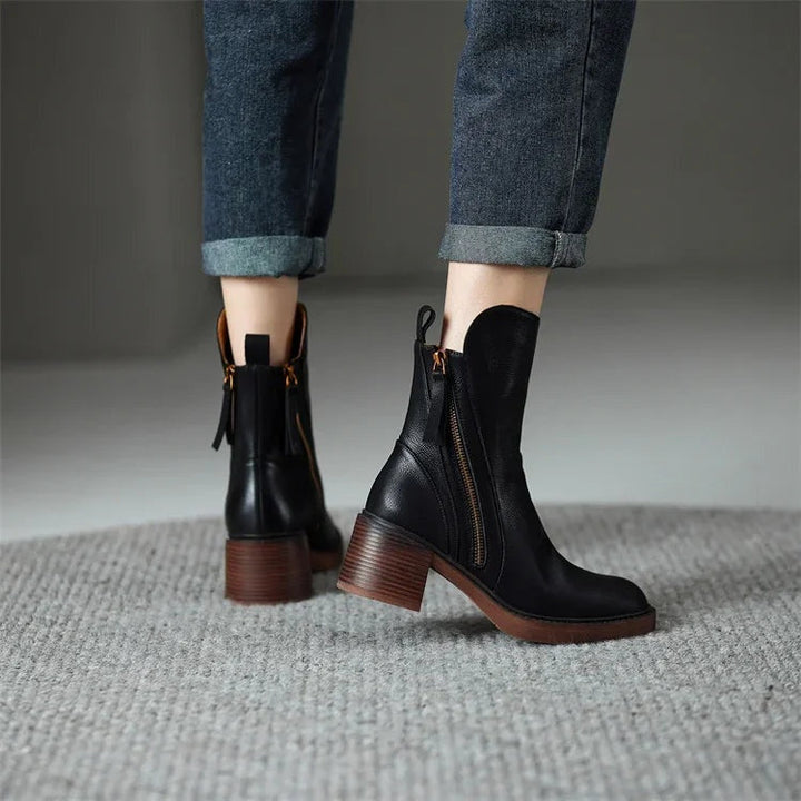 Lola | Botines de Piel con Tacón de Bloque Mujer Cremallera Lateral
