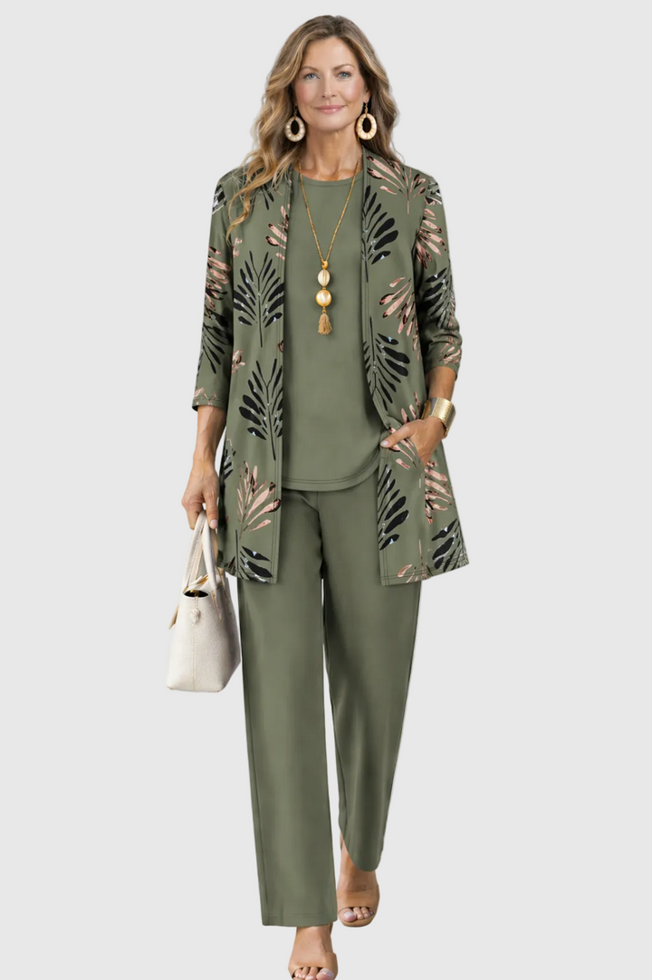 Lorena | Conjunto de 3 Piezas Estampado Tropical Mujer Pantalón Recto