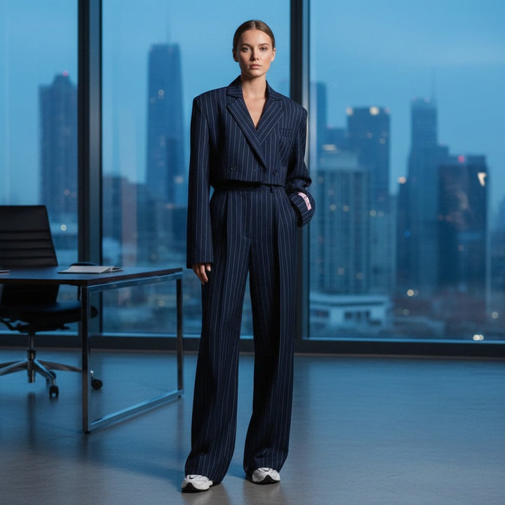 Marina | Conjunto Elegante de Rayas Mujer Blazer Cropped Pantalón Ancho