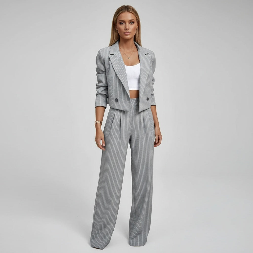 Marina | Conjunto Elegante de Rayas Mujer Blazer Cropped Pantalón Ancho