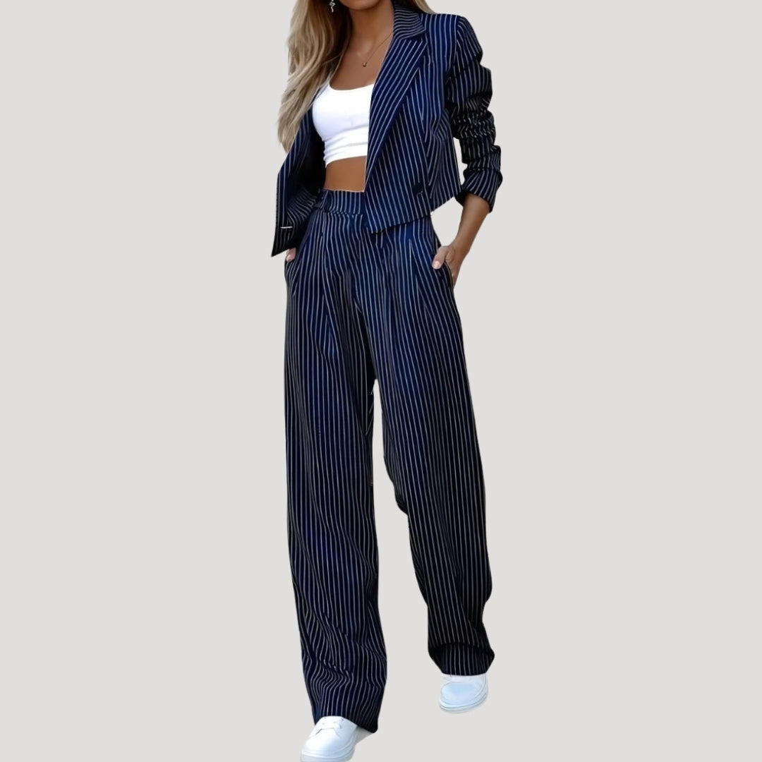 Marisol | Conjunto de Traje de Rayas Blazer y Pantalón Palazzo Mujer