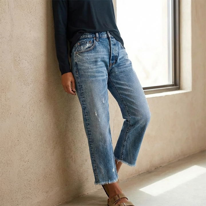 Marisol | Jeans Rectos Destroyed Mujer Cintura Alta Cropped