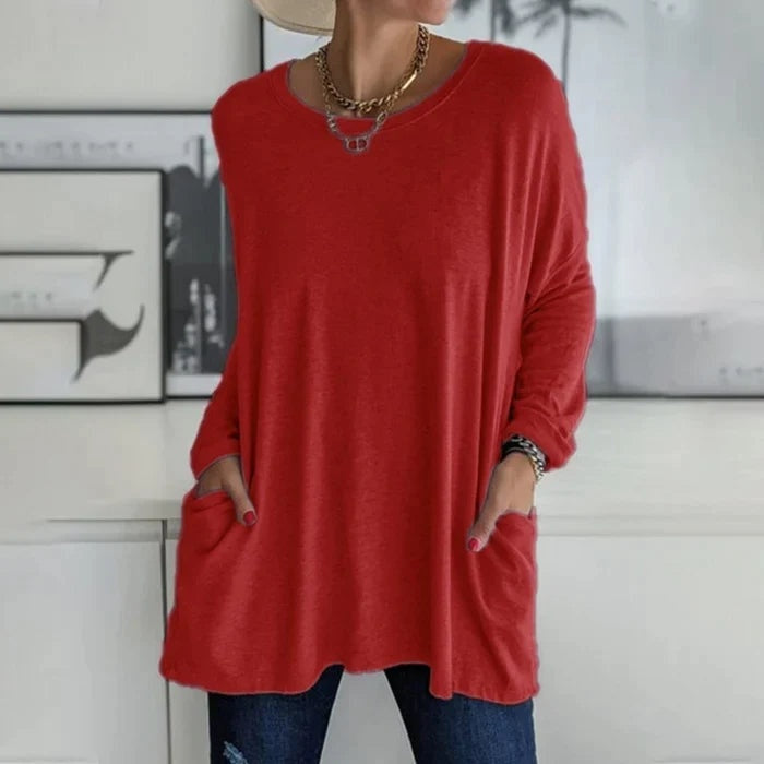 Mencía | Camiseta Oversize de Manga Larga Mujer Bolsillos Cuello Redondo