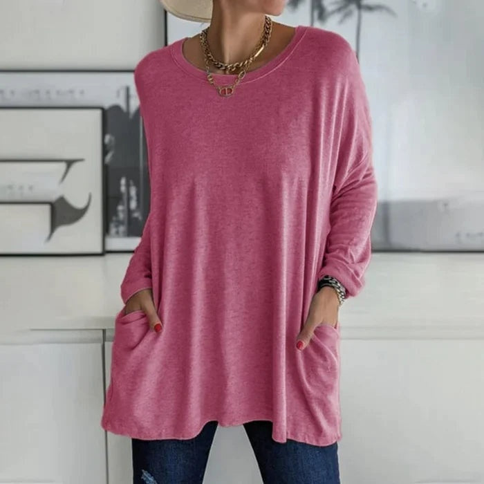 Mencía | Camiseta Oversize de Manga Larga Mujer Bolsillos Cuello Redondo