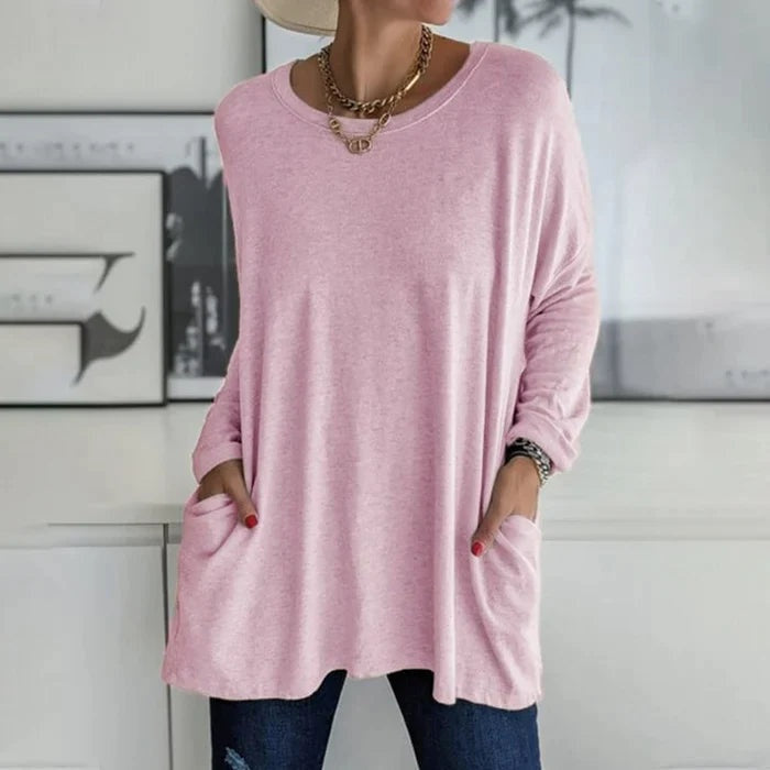 Mencía | Camiseta Oversize de Manga Larga Mujer Bolsillos Cuello Redondo