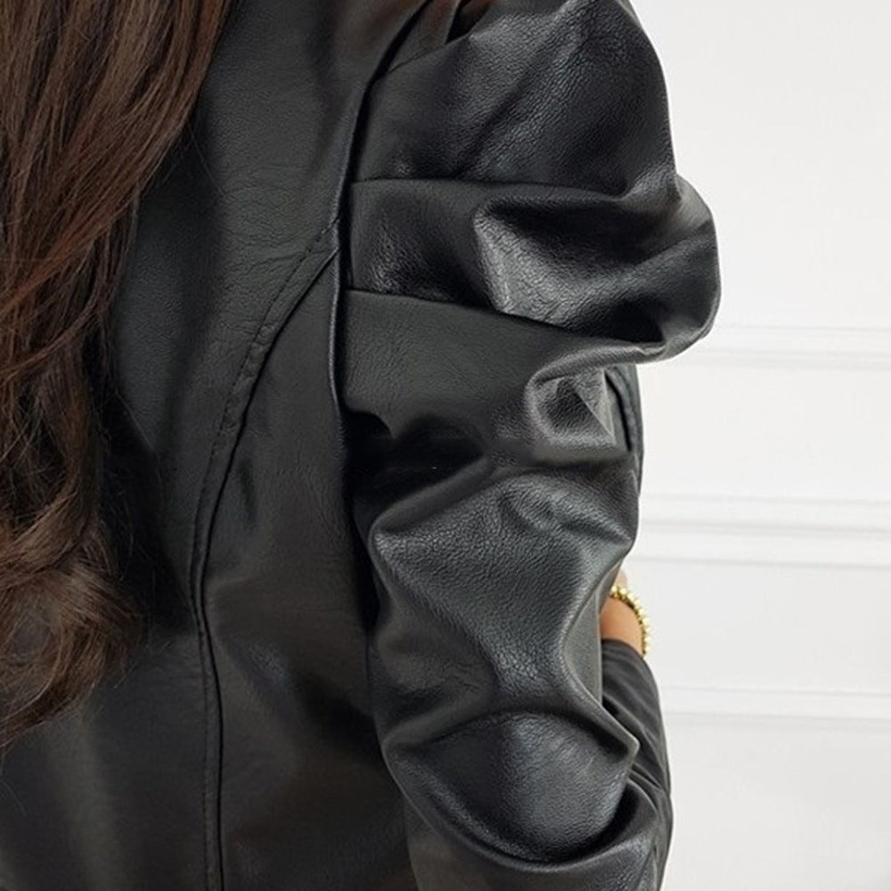 Nerea | Chaqueta Biker de Cuero Corta Mujer Manga Abullonada