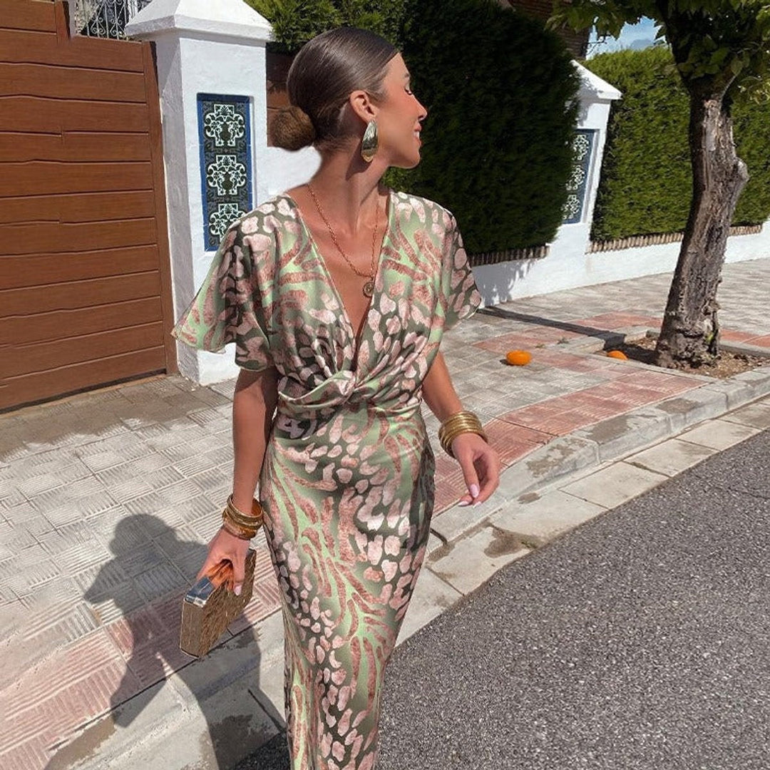 Nerea | Vestido de Fiesta Estampado Animal Print Mujer Escote V Nudo