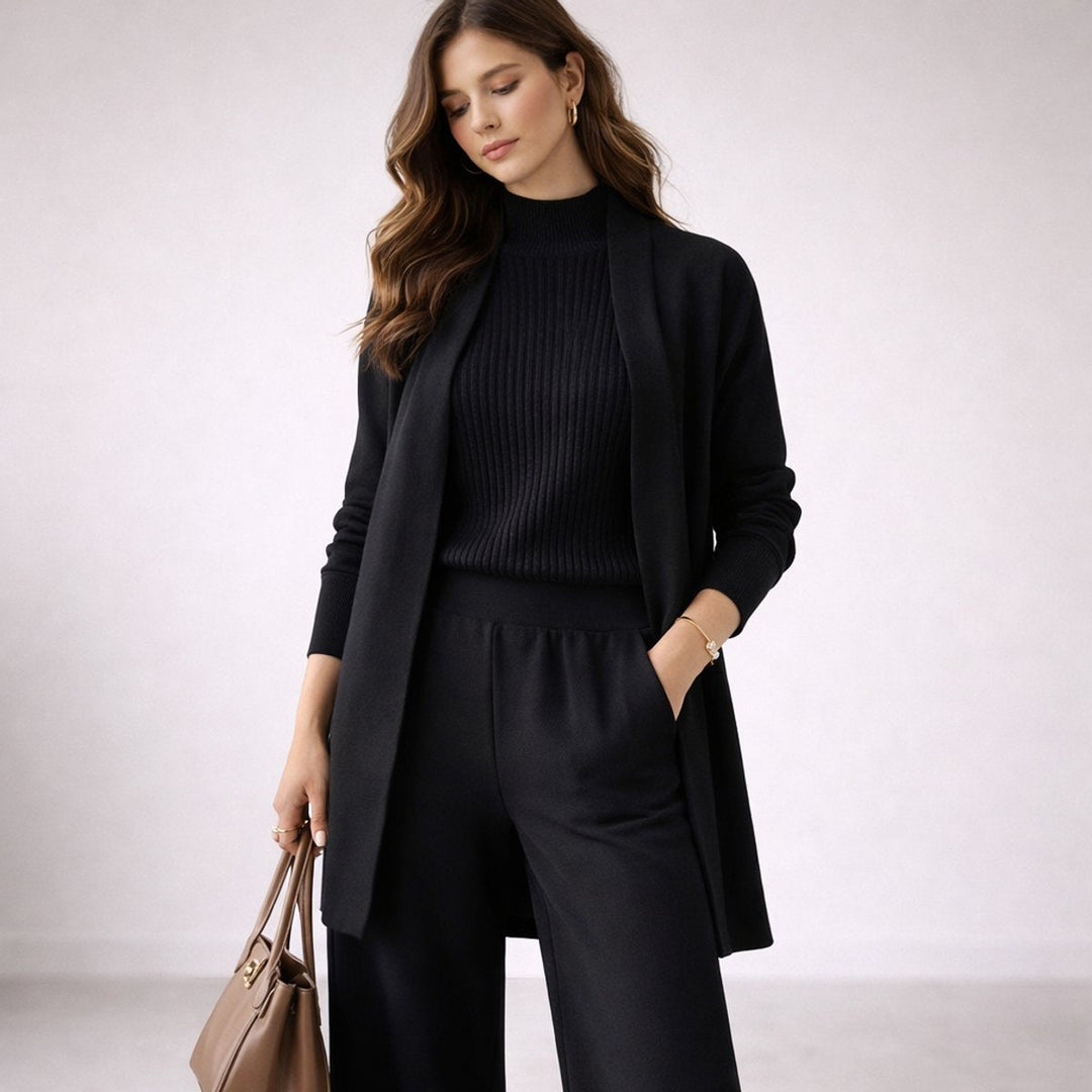 Olga | Conjunto de Punto de Tres Piezas Mujer Cardigan Largo Pierna Ancha