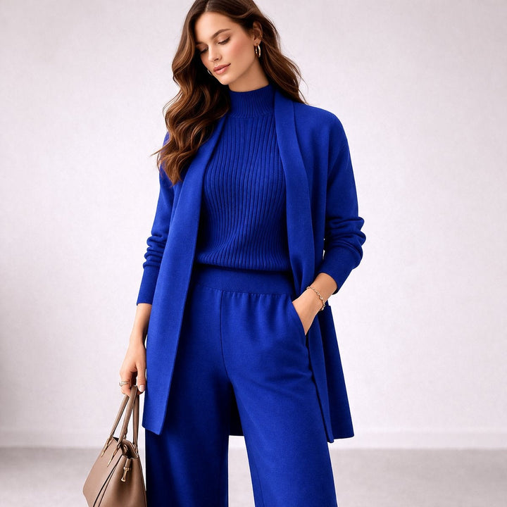 Olga | Conjunto de Punto de Tres Piezas Mujer Cardigan Largo Pierna Ancha