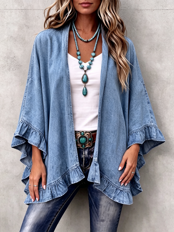 Corinne | Cárdigan de mezclilla con volantes boho chic