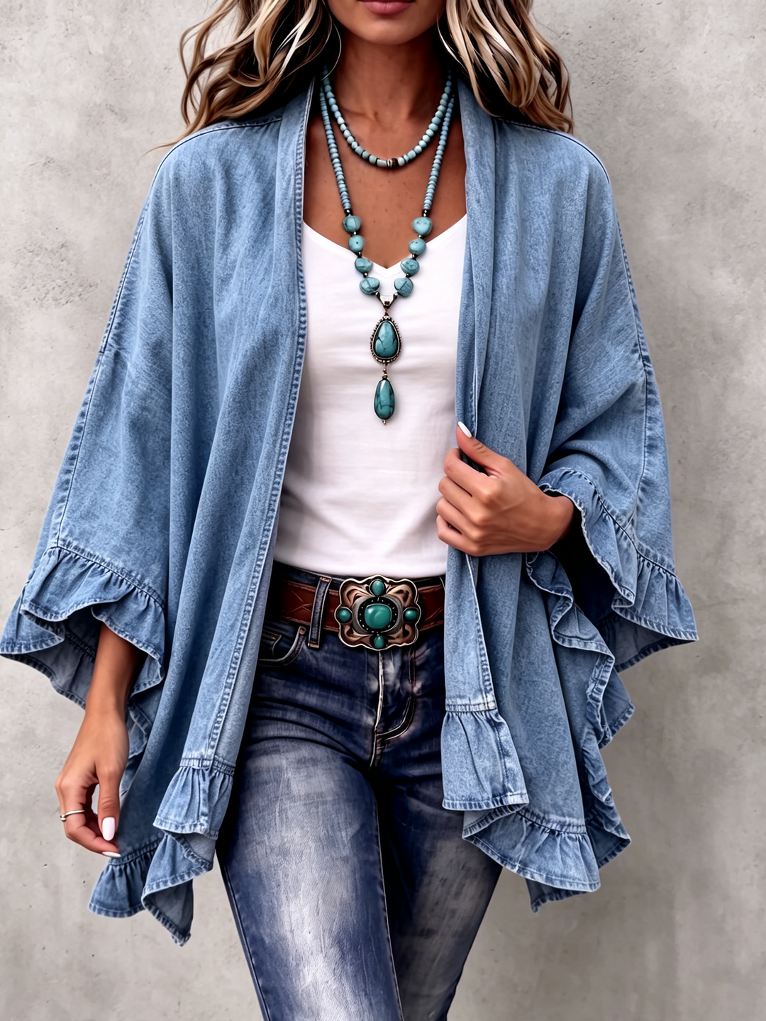 Corinne | Cárdigan de mezclilla con volantes boho chic