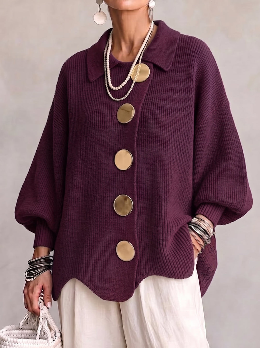 Elvinia™ | Cárdigan Oversized con Cuello y Grandes Botones Metálicos