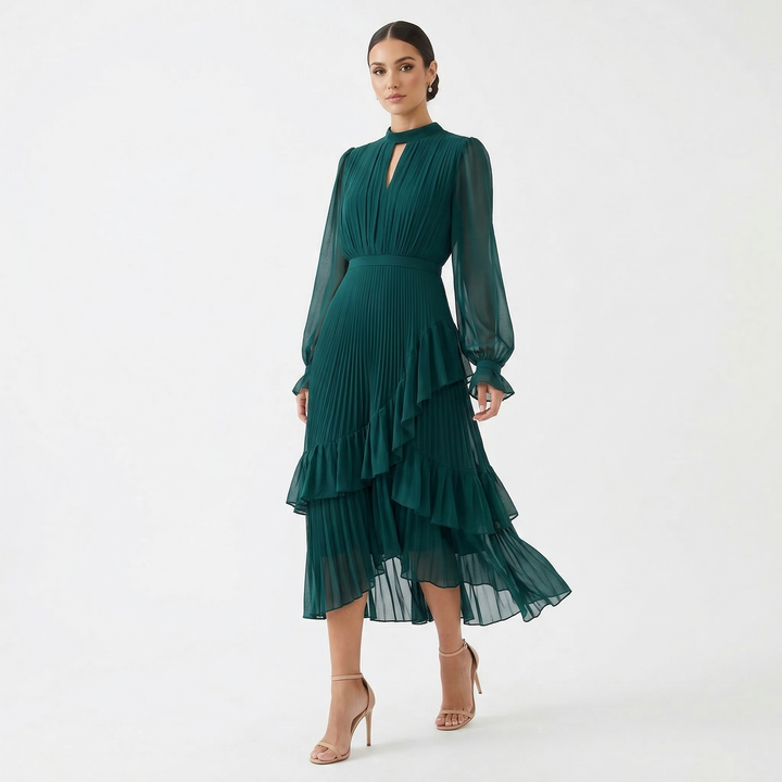 Paloma | Vestido Midi Plisado con Volantes Mujer Cuello Alto