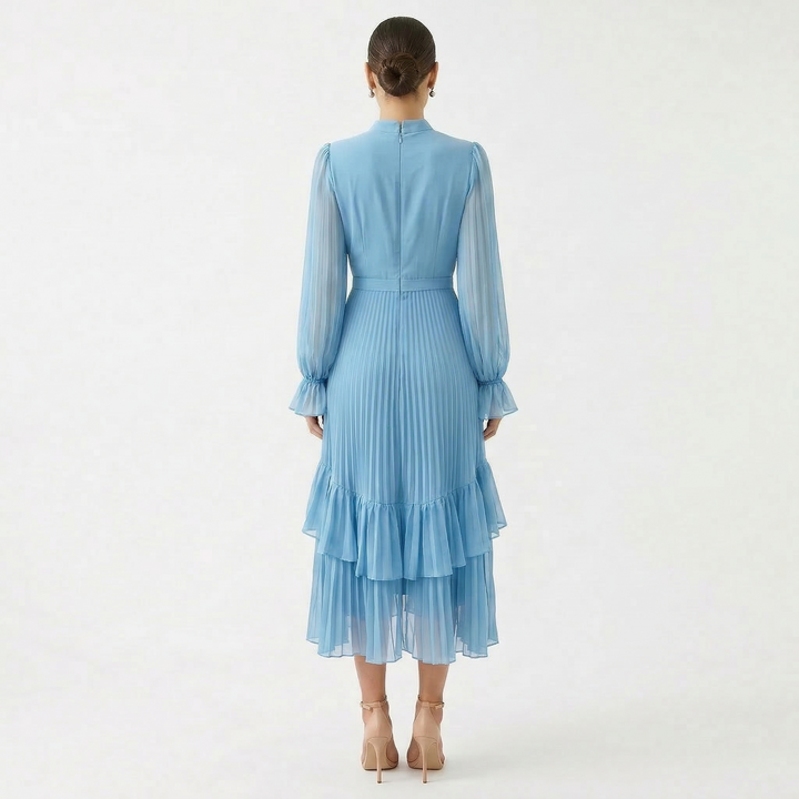 Paloma | Vestido Midi Plisado con Volantes Mujer Cuello Alto