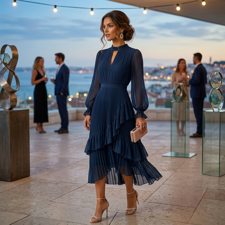Paloma | Vestido Midi Plisado con Volantes Mujer Cuello Alto
