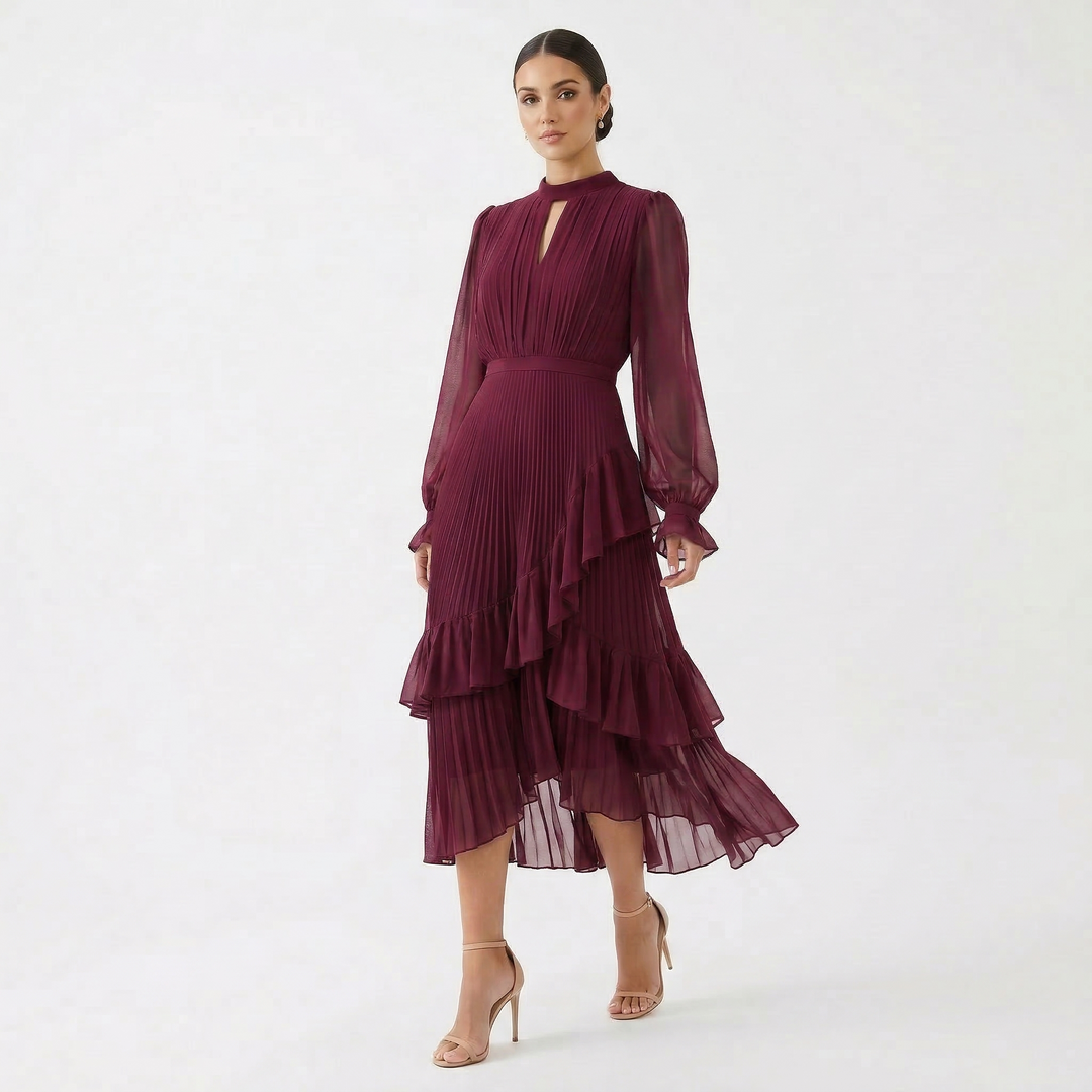 Paloma | Vestido Midi Plisado con Volantes Mujer Cuello Alto