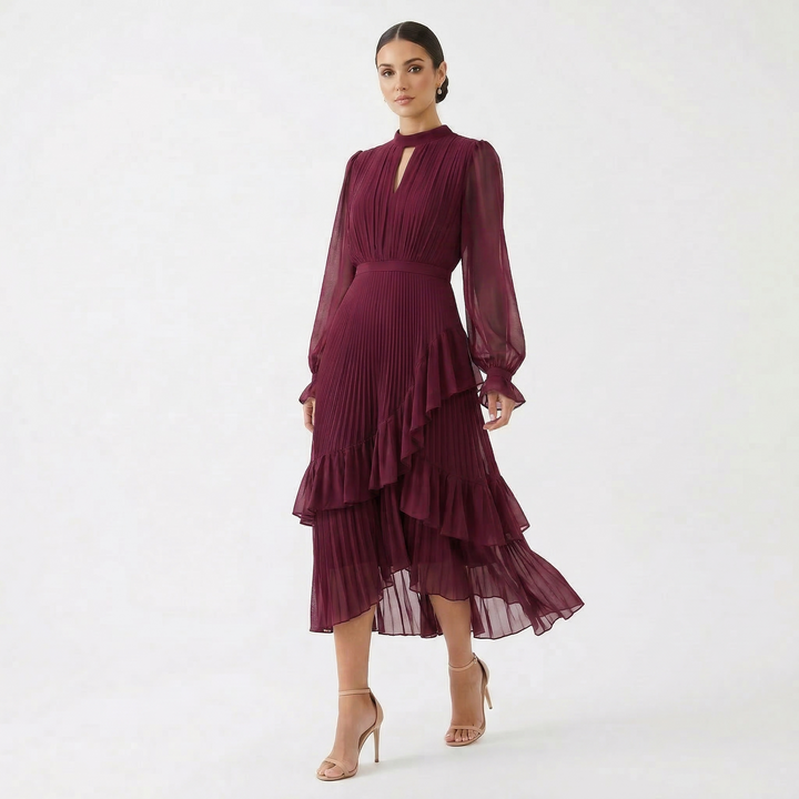 Paloma | Vestido Midi Plisado con Volantes Mujer Cuello Alto