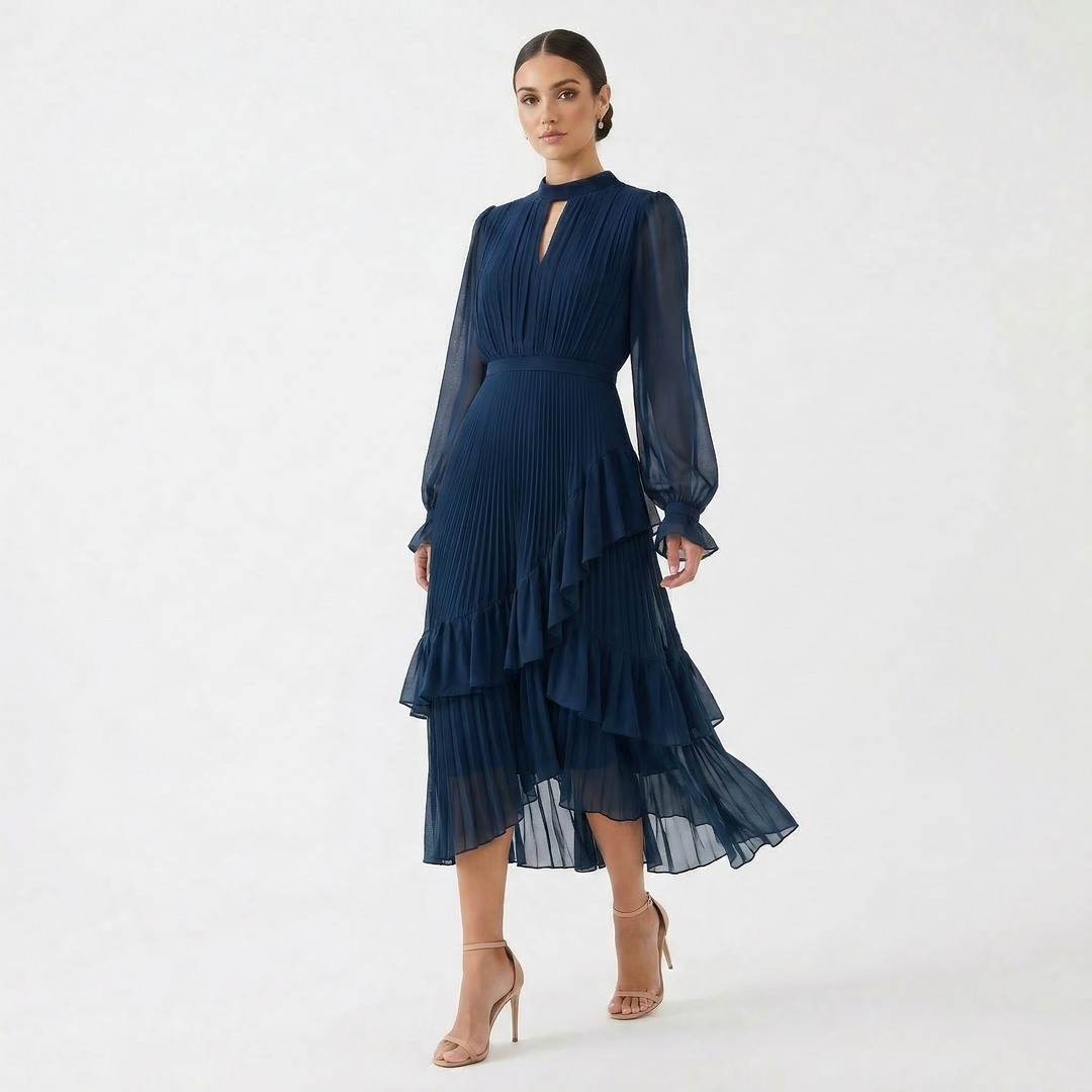 Paloma | Vestido Midi Plisado con Volantes Mujer Cuello Alto