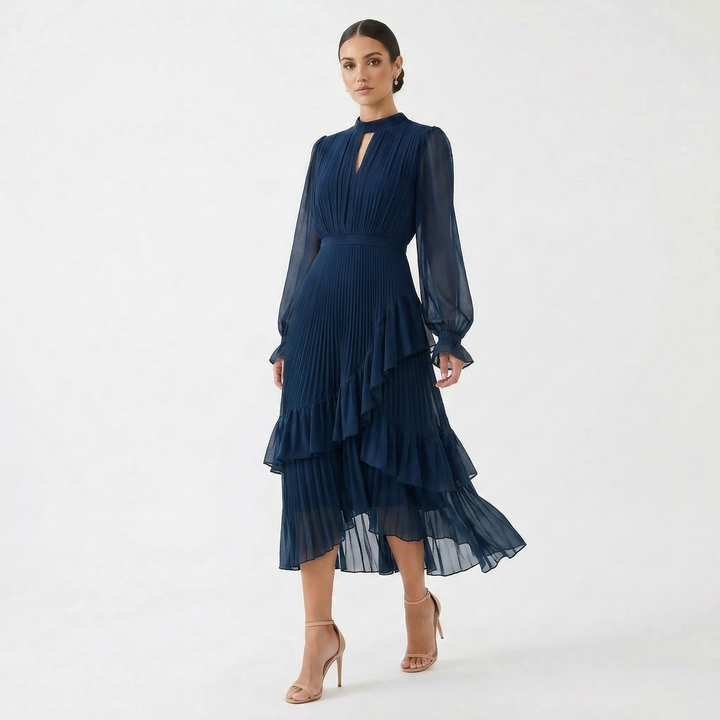Paloma | Vestido Midi Plisado con Volantes Mujer Cuello Alto