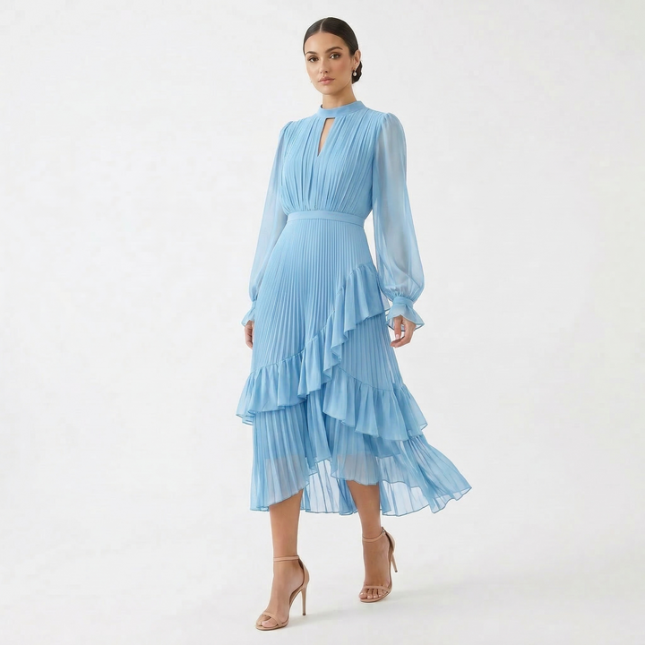 Paloma | Vestido Midi Plisado con Volantes Mujer Cuello Alto