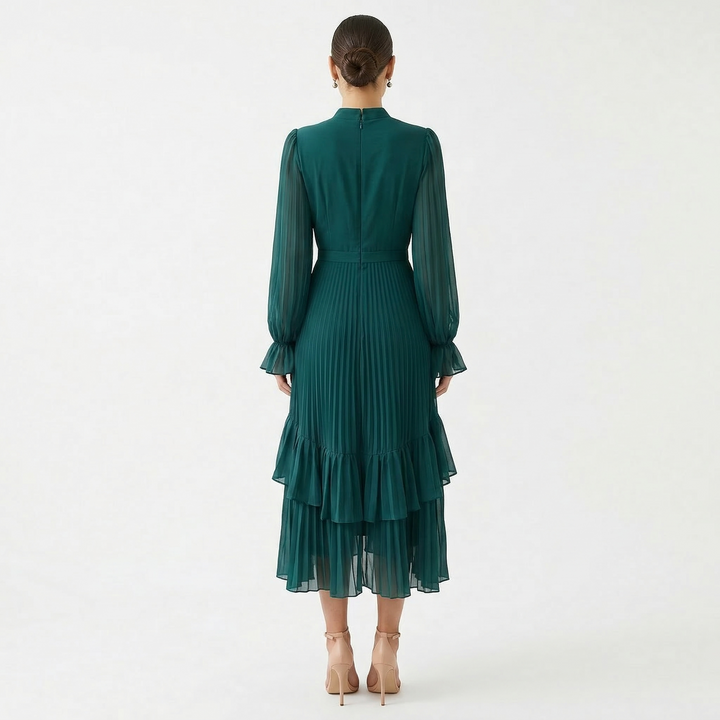 Paloma | Vestido Midi Plisado con Volantes Mujer Cuello Alto