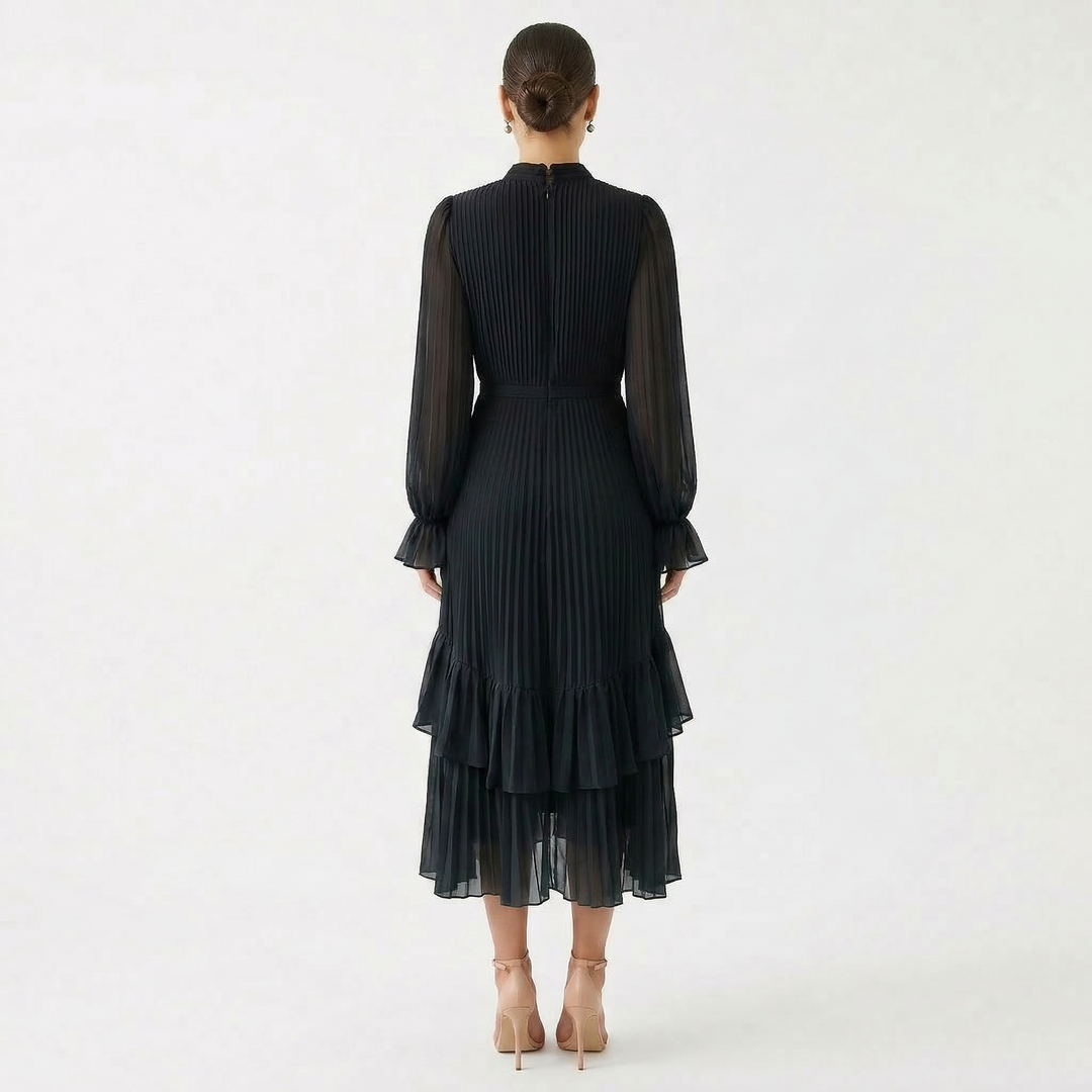Paloma | Vestido Midi Plisado con Volantes Mujer Cuello Alto
