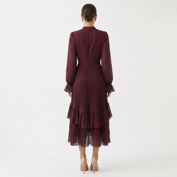 Paloma | Vestido Midi Plisado con Volantes Mujer Cuello Alto