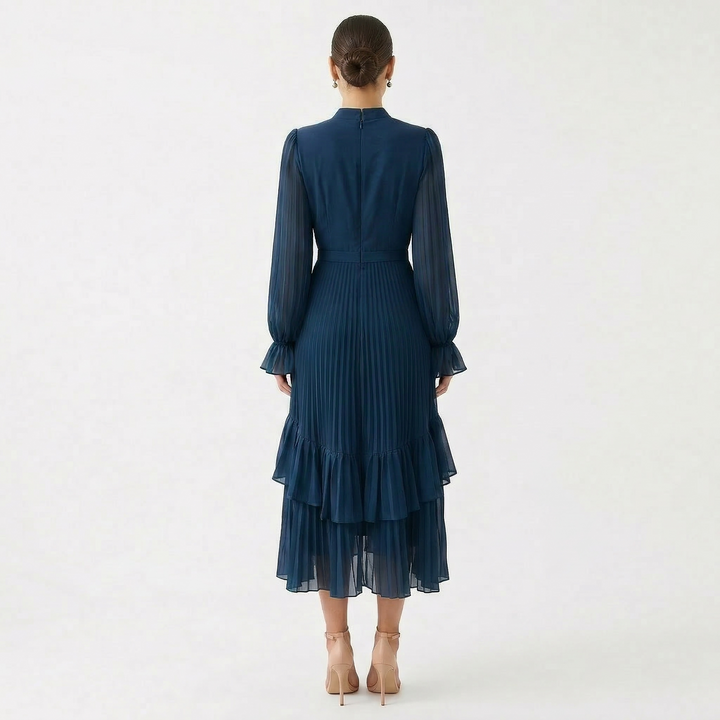 Paloma | Vestido Midi Plisado con Volantes Mujer Cuello Alto