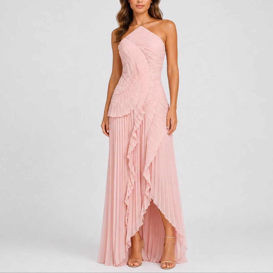 Pilar | Vestido Invitada Otoño Plisado con Volantes Mujer Cuello Halter