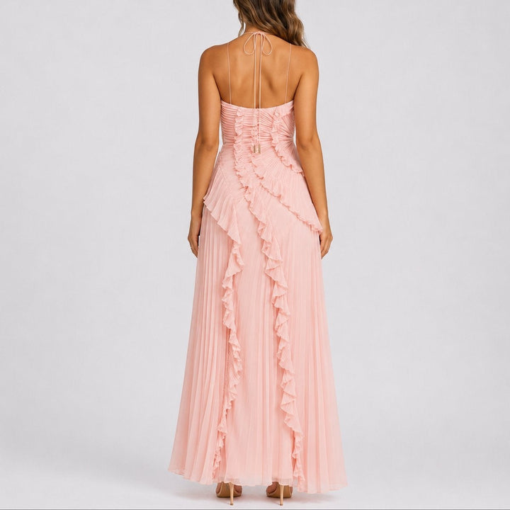 Pilar | Vestido Invitada Otoño Plisado con Volantes Mujer Cuello Halter